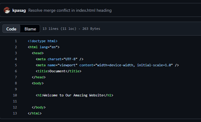 GitHub file view showing the resolved index.html with clean code and no conflict markers