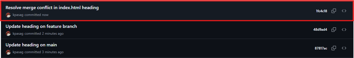 GitHub repository page with the merge conflict resolution commit visible in the commit history
