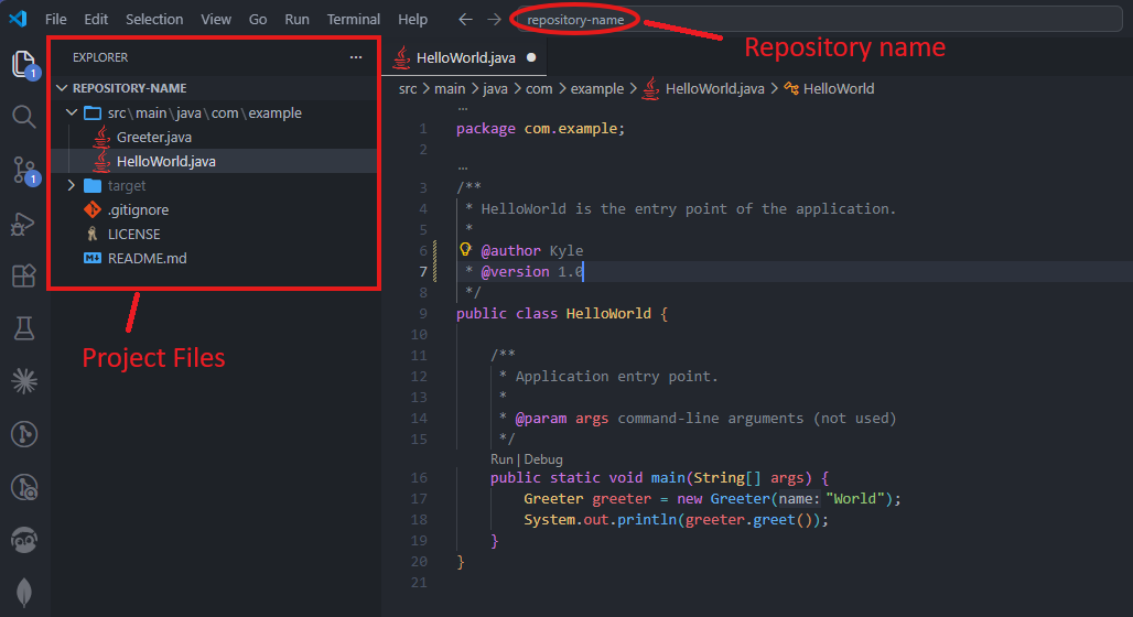 Visual Studio Code window showing the cloned project files and folders in the Explorer sidebar